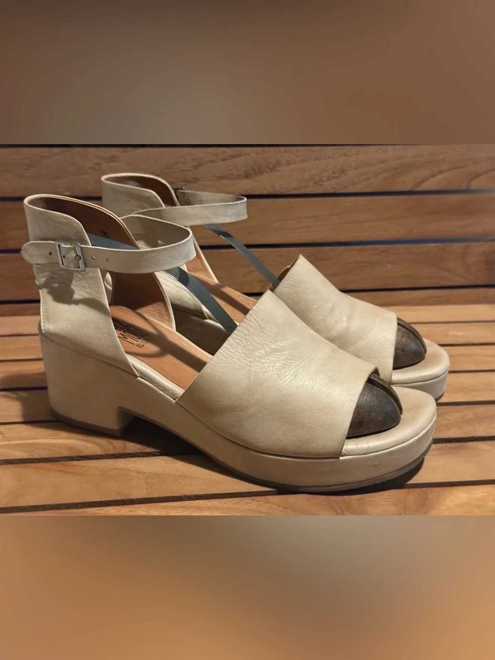 Miz Mooz Gia Cream Leather Ankle-Strap Block Heel Sandals